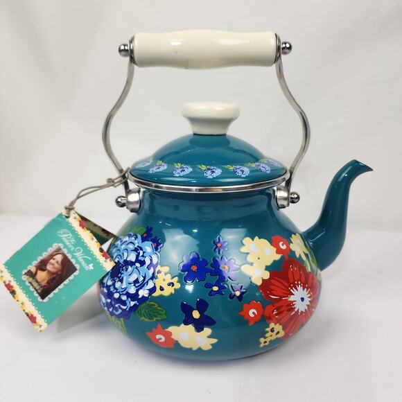 The Pioneer Woman Dazzling Dahlias Enamel Steel Teal 1.9 Quart Tea Kettle NWTs - Picture 1 of 9